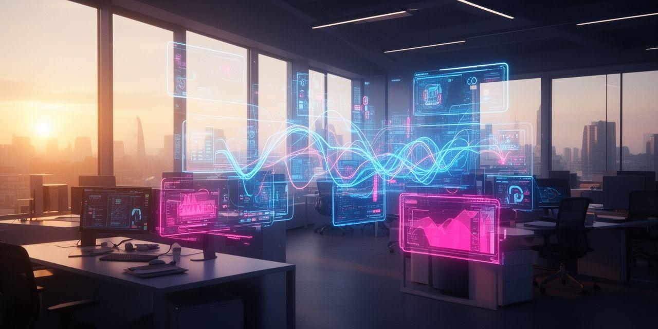 Futuristic office workspace with AI visualisations
